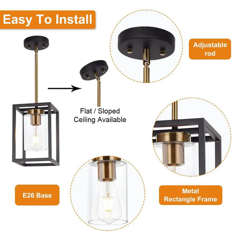 Diagram showing One Light Lantern Pendant With Adjustable Stem Black And Brushed Brass Farmhouse Chandelier features and installation.