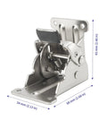 Close-up of heavy duty folding table leg brackets in silver, adjustable to 90 degrees, with 500 lb max load capacity.