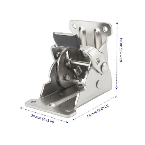 Close-up of heavy duty folding table leg brackets in silver, adjustable to 90 degrees, with 500 lb max load capacity.