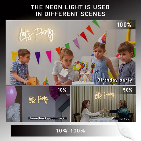 Versatile Dimmable Neon Sign For Parties And Events, 17x7.5 Inch Warm White Neon Lights showing various scenes of use.
