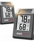 2 Pack Digital Hygrometer Thermometer With Solar Power And Battery Backup Temperature And Humidity Monitor For Home Mini Room Thermometer With Comfort Indicator Black, front view