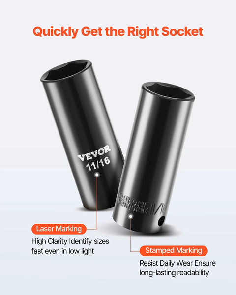 96 Piece 3/8 Inch Drive Impact Socket Set With Wrench And Bits showing CR-V steel sockets with laser and stamped markings