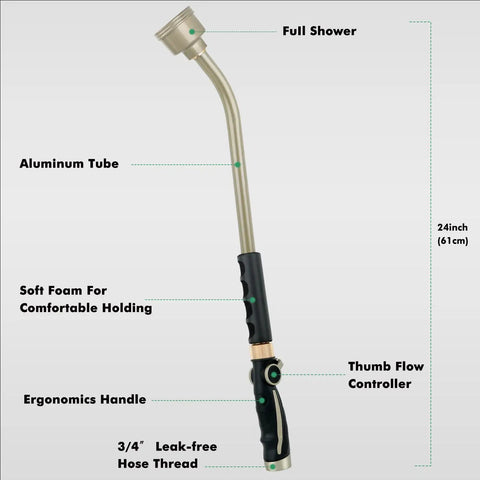 Your Go To 24 Inch Watering Wand With Gentle Rain Shower Sprayer And Thumb Flow Control Heavy Duty Metal Hose Wand features.