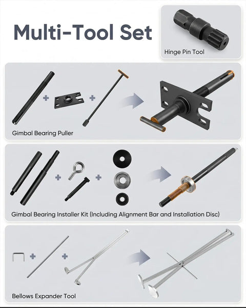 All-In-One Pro-Grade Gimbal Bearing Puller And Installer Kit With Bellows Expander And Hinge Pin Tool layout overview
