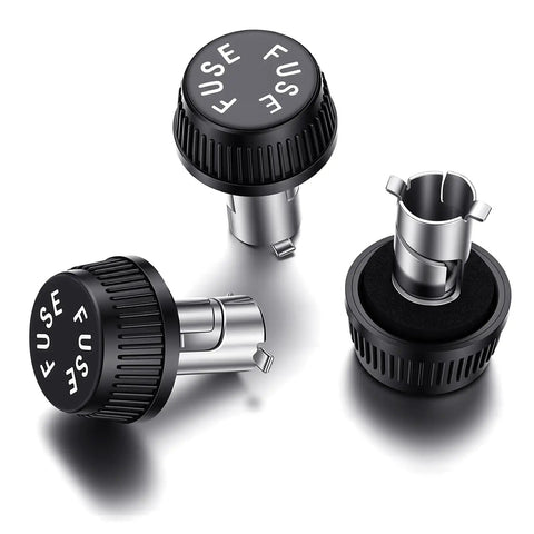 Five Pack Heavy Duty Fuse Block Caps Panel Mount Holders Compatible With Agc Mdl Adg Fuses For Boat Marine And Automotive Electrical Systems Smooth Durable Nylon Covers. 3 caps shown from multiple angles.
