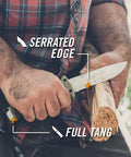 Man holding Ultimate Survival Knife With Fixed Blade And Combo Edge Fire Starter Ferro Rod Whistle And Sheath With Integrated Sharpener For Bushcraft Outdoor Camping And Hunting Gear Built Tough