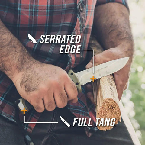 Man holding Ultimate Survival Knife With Fixed Blade And Combo Edge Fire Starter Ferro Rod Whistle And Sheath With Integrated Sharpener For Bushcraft Outdoor Camping And Hunting Gear Built Tough