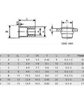 Technical diagram and size chart for 100Pcs M8 Rivet Nuts Kit Zinc Plated Carbon Steel Flat Head Threaded Inserts For Furniture And Dyi Projects