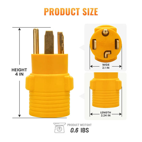 Heavy Duty NEMA 14 30P To 14 50R Level 2 EV Charger Adapter Fits Tesla Cars, size diagram with dimensions shown in inches.