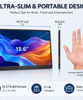 15.6 Inch Portable Monitor Fhd 1080P Usb Type C Hdmi IPS Glare Free Gaming Laptop External Display displayed with size dimensions.