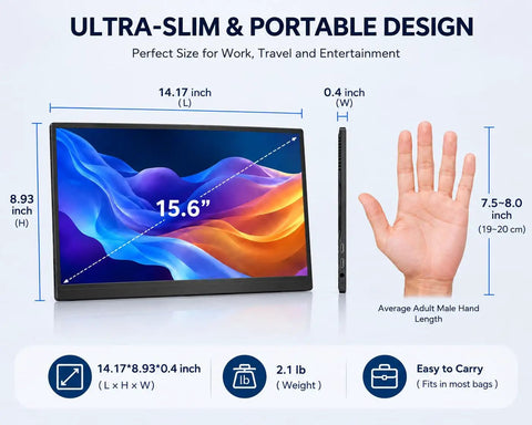 15.6 Inch Portable Monitor Fhd 1080P Usb Type C Hdmi IPS Glare Free Gaming Laptop External Display displayed with size dimensions.