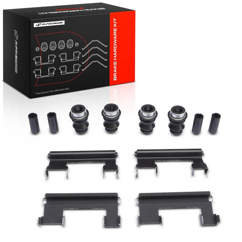 A-Plus Front Disc Brake Hardware Kit For Chevy Silverado Tahoe Avalanche Express Suburban Astro Cadillac Escalade 1999 To 2008 Heavy Duty Replacement Clips And Bolts That Keep Your Brakes Pumping Like A Boss. black brake hardware kit with clips, boots, and bolts