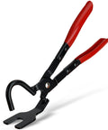 Exhaust hanger removal tool with red-handled heavy-duty pliers and 25° offset forked jaw (side view)
