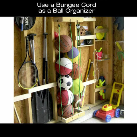 Garage storage with 1/4 Inch Black Bungee Cord, 500 Feet, Marine Grade Polyester Heavy Duty Shock Stretch Rope organizing sports balls