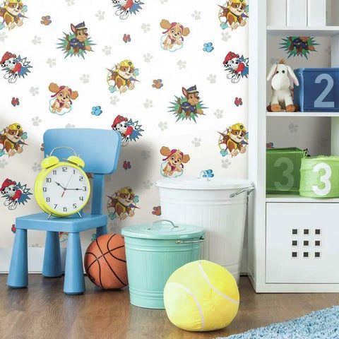 Kids Room Wallpaper Peel And Stick Paw Patrol Theme Blue And Red Removable Repositionable No Mess 18 Inch Wide Roll Covers About 28 Sq Feet Easy DIY Decor Upgrade For Little Fans behind kids' furniture.