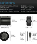 8 Inch Inline Booster Duct Fan With Speed Controller Low Noise HVAC Blower For Basements Bathrooms Kitchens And Workshops Beef Up Airflow And Ventilation 428 CFM At 43 dBA, showing product specifications and dimensions.