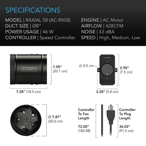 8 Inch Inline Booster Duct Fan With Speed Controller Low Noise HVAC Blower For Basements Bathrooms Kitchens And Workshops Beef Up Airflow And Ventilation 428 CFM At 43 dBA, showing product specifications and dimensions.