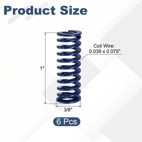 Six Pack Blue Compression Springs 3/8 Inch Od 1 Inch Long Heavy Duty Alloy Steel For Light Loads, detailed size illustration.