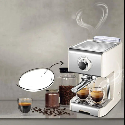 Powerful 1250W Semi Automatic Espresso Machine With 20 Bar Pressure on a countertop with espresso cups and coffee beans