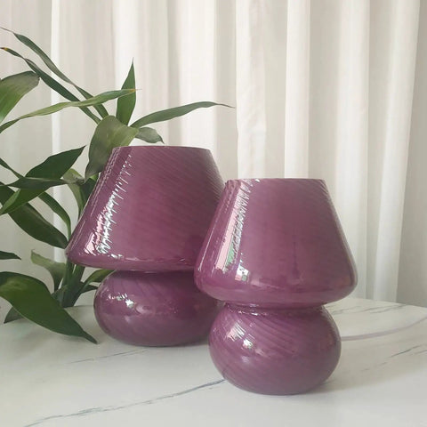 Swirl Mushroom Glass Lamp In Striped Pink, Hand Blown Translucent Murano Style Table Bedside Light, Italian Modern Decor