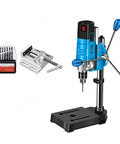 No Fuss Mini Bench Drill Press With A Beastly 1200W Motor And Two Stage Gear Reduction Milling Setup Delivers Six Smooth Speeds Up To 2800 RPM standing with drill bits and vise on a heavy base.