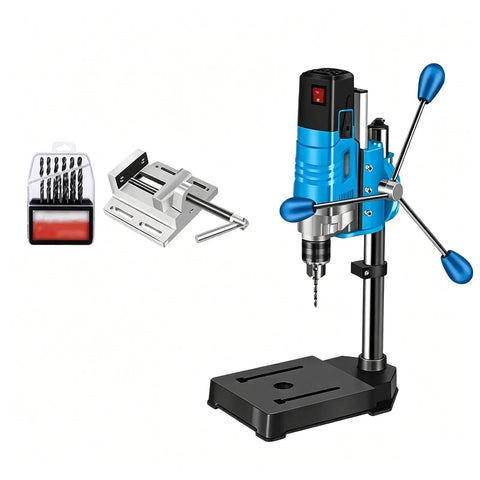 No Fuss Mini Bench Drill Press With A Beastly 1200W Motor And Two Stage Gear Reduction Milling Setup Delivers Six Smooth Speeds Up To 2800 RPM standing with drill bits and vise on a heavy base.
