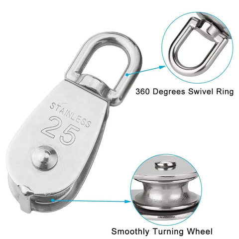 Heavy Duty Stainless Steel M25 Single Pulley Block Set With Spring Snap Hook For Lifting And Rigging, One Inch Sheave Pulley Wheel, Swivel Snatch Pulley Block, 330 Lbs Load Capacity, Anti Rust And Wear Resistant, 2 Pack, stainless 25 swivel ring