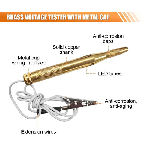 Must-Have Car Voltage Tester Light With LED 6V 12V 24V Bidirectional Circuit Tester Pen Long Probe And Extended Wire Ergonomic Safety Grip Automotive Electrical Voltage Tester For Cars SUVs Trucks, brass body with metal cap and extension wire