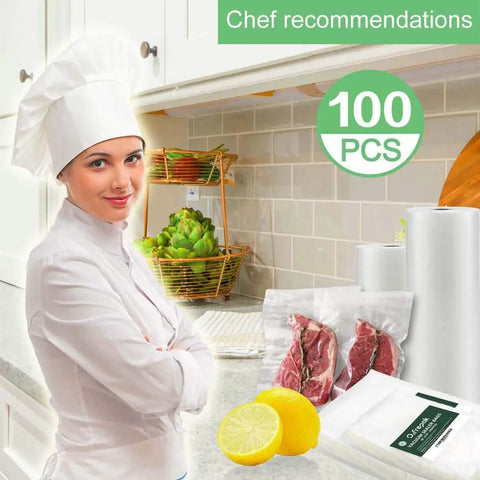 Gallon Size Vacuum Sealer Bags 11x16 100 Count BPA Free Food Storage on kitchen counter with chef, lemons, and meat