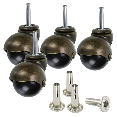 Four Pack 2 Inch Stem Casters With Antique Ball Wheel And Insert Sockets For Sofas, Chairs, And Cabinets Replacement