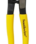 Tough Nine Inch Cable Cutter With Comfort Dipped Grips And Solid Forged Steel Arms Made For Fast Electrical Wire Snipping and Rigging Tasks. Yellow rubberized grips and steel blades.
