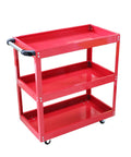 Three Tier Metal Rolling Tool Cart Heavy Duty Utility Cart With Easy Roll Wheels And Handy Handle, Portable Garage Shop Organizer For Tools And Parts, Durable Steel Construction, Large Capacity, Smooth Push Pull Mobility, red steel cart