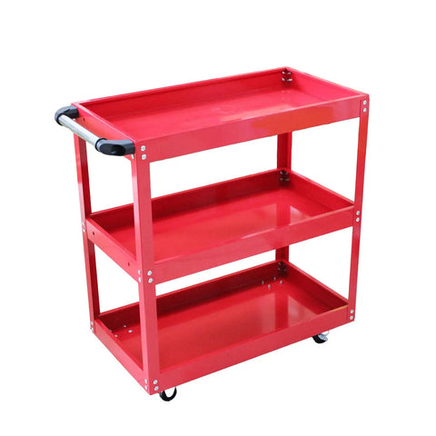 Three Tier Metal Rolling Tool Cart Heavy Duty Utility Cart With Easy Roll Wheels And Handy Handle, Portable Garage Shop Organizer For Tools And Parts, Durable Steel Construction, Large Capacity, Smooth Push Pull Mobility, red steel cart