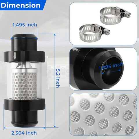 Dimensions of 1-1/2 Inch Universal Inline Heater Core Coolant Filter And Inspection System With Stainless Steel Mesh Filter, Matching Fixture And Easy Install