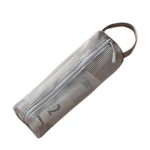 Travel Toiletry Bag With Ventilated Mesh Storage Ultra Portable Road Trip Ready All In One Personal Kit in gray, side view