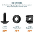 Rock Solid Heavy Duty 50 Pack Rack Mount Screws And Cage Nuts Kit With Washers for Server Cabinets showing screw, washer, and cage nut.