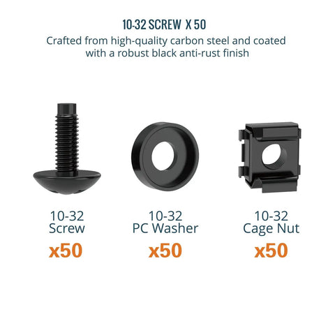 Rock Solid Heavy Duty 50 Pack Rack Mount Screws And Cage Nuts Kit With Washers for Server Cabinets showing screw, washer, and cage nut.