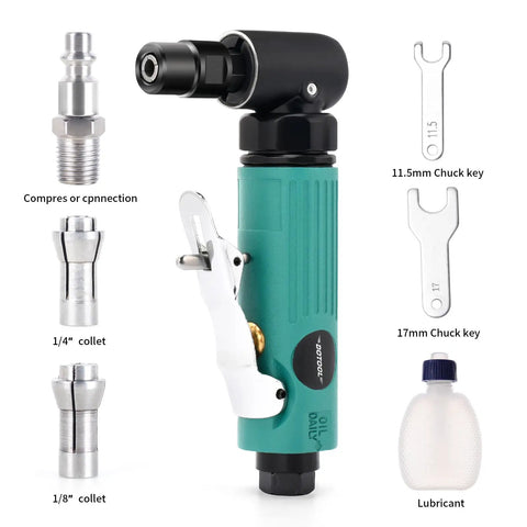 Bad Boy Pneumatic Right Angle Die Grinder Cranking 22000 RPM with collets and accessories for efficient grinding in tight spaces.