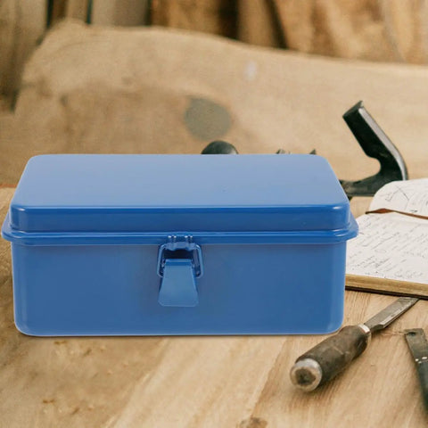 Classic Vintage Blue Metal Toolbox And Portable Tool Organizer For Auto Repair Job Site Storage Home Fix Ups Heavy Duty Rolling Gear Rack With Badass Grip Latches on a wooden surface.