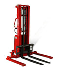 MechMaxx 3300 Lb Semi Electric Straddle Stacker With 118 Inch Lift Height powerful red design, adjustable forks for industrial material handling.
