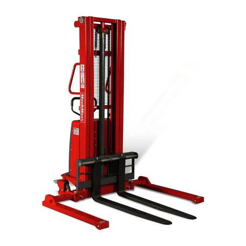 MechMaxx 3300 Lb Semi Electric Straddle Stacker With 118 Inch Lift Height powerful red design, adjustable forks for industrial material handling.