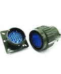 Mil-Spec circular connector pair with blue pin insert, green metal housings and panel-mount flange