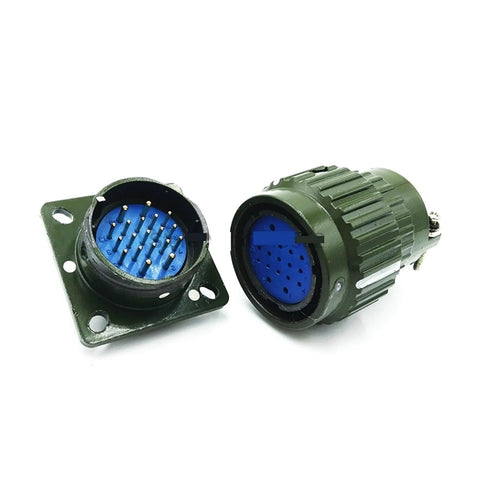 Y2M series circular military connector pair with blue pin insert and green housing, panel flange and mating plug.