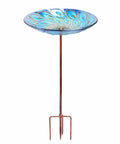 Glass Bird Bath On Metal Stake With Four Pronged Base For Stability Easy Assembly Outdoor Garden Bird Feeder Peacock Style