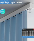 Heavy Duty Ceiling Curtain Track System With Wall Mount, Whisper Quiet Aluminum Roller Rail For Heavy Curtains, 10.5ft White Ceiling Mounted Track Rods With Silent Glide Strips And Hooks. Ceiling-mounted white aluminum track with blue curtains, showing top light leak protection.