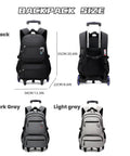 Boys Rolling Backpack With Wheels For School in black, dark gray, and light gray, showing front and back views with dimensions.