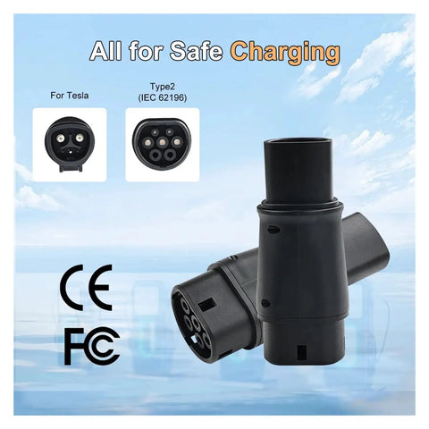 Top Tier Tesla To Type 2 Ev Charger Adapter 32a Eves Connector compatible with IEC 62196, showing dual connector design.