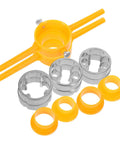 Ditch That Rusty Pipe Job! Get The Ultimate Two Piece Manual PVC Threader Set With Tap Die And Stainless Wrench, includes yellow handle and metal dies.