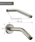 8 Inch Anti Leakage Ceiling Wall Shower Arm With Flange In Brushed Nickel Finish, Solid Brass Construction, with dimensions.
