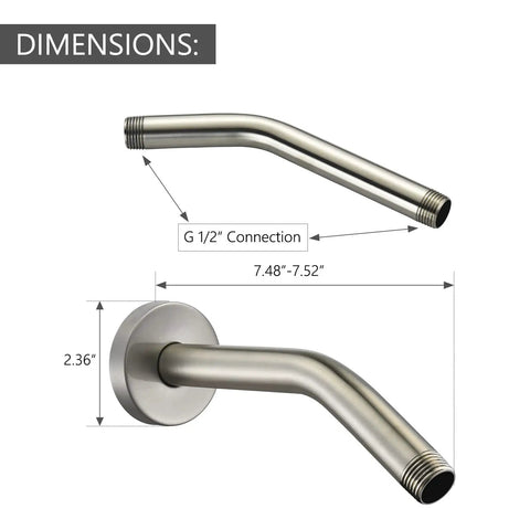 8 Inch Anti Leakage Ceiling Wall Shower Arm With Flange In Brushed Nickel Finish, Solid Brass Construction, with dimensions.